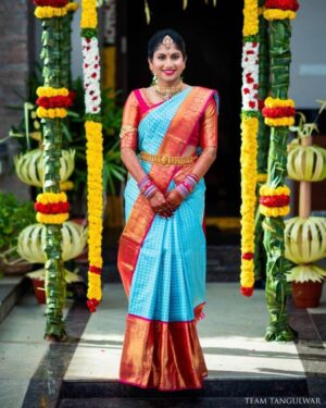 Ananda kanchipuram saree in 12 inches reddish pink gold border