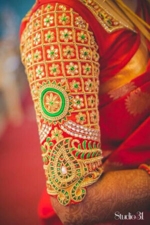 Chilli red bridal blouse design in zardoshi work