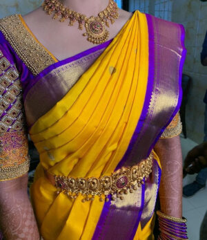 Mango yellow wedding silk saree in royal blue 4 inches border