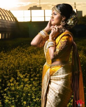 Off-white kanchipuram saree in 6 inches mustard gold border