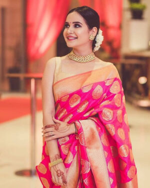 Pink kanchipuram silk saree in 4 inches border