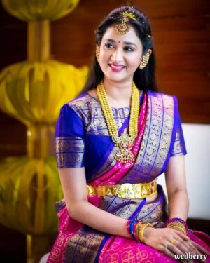 Pink wedding saree in contrast violet 6 inches border