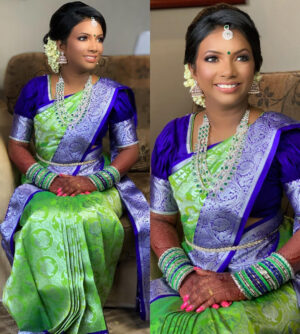 Parrot green kanchipuram silk saree in violet silver zari border