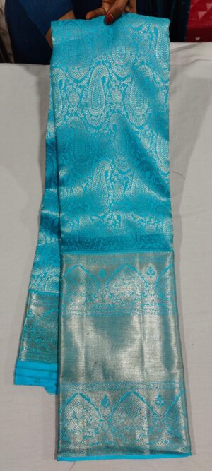 M0M1004 Ananda blue Wedding silk sarees in silver zari 12 inches border