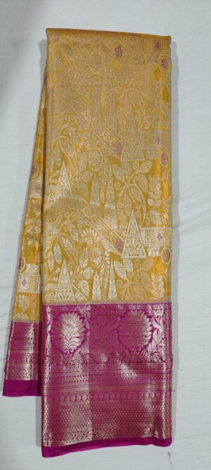 E0E1005 Gold pattu saree in contrast magenta border