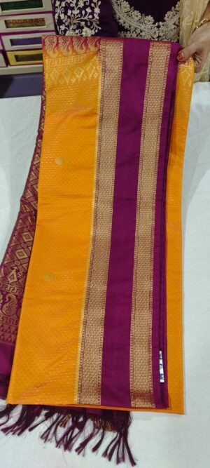 A0A1010 mustard orange pattu saree online in wine border