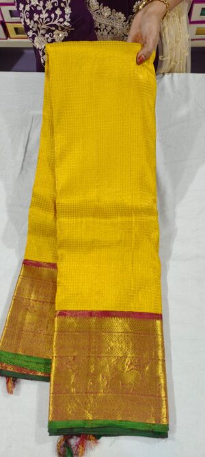 M0M1010 Mango yellow wedding silk saree online in maroon border with green edge lining