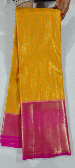 E0E1013 Mango yellow pattu saree online with pink border