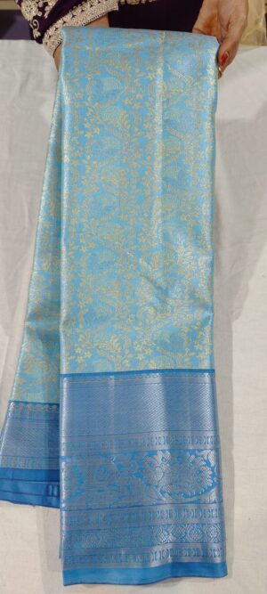 E0E1015 Ananda blue pattu saree online in cement colour border