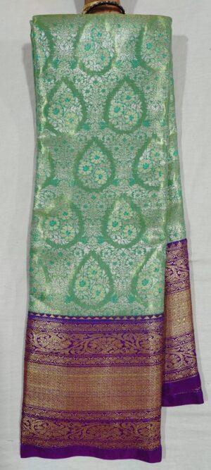 J0J1006 Rama green pattu saree online in violet border