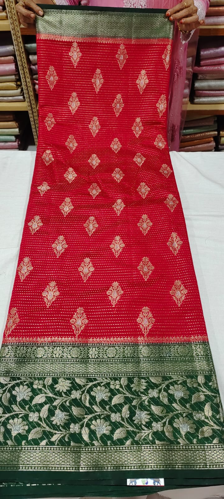 P0P1028 Red banarasi silk saree online in contrast green border