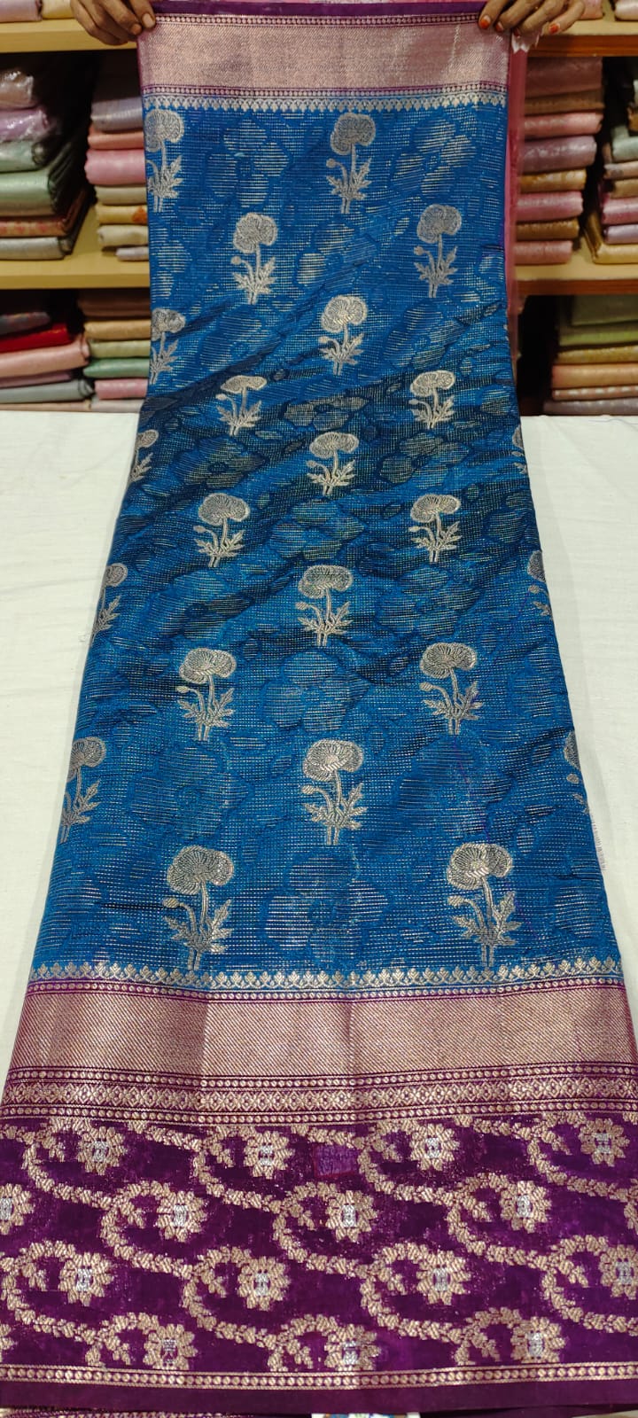 P0P1029 Dark Ananda blue banarasi silk saree online in contrast grape wine border