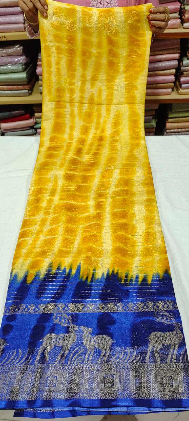 P0P1032 Mustard yellow fancy silk saree online in royal blue border