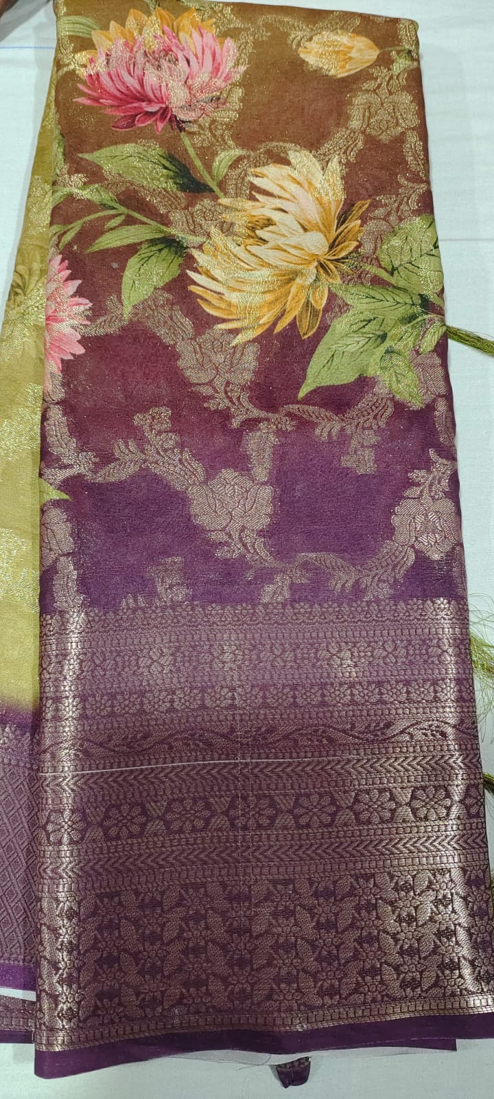 POP1007 Green banarasi silk saree online in contrast grape wine border