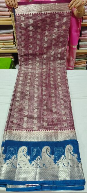 POP1038 Brown Banarasi silk saree online in contrast blue border