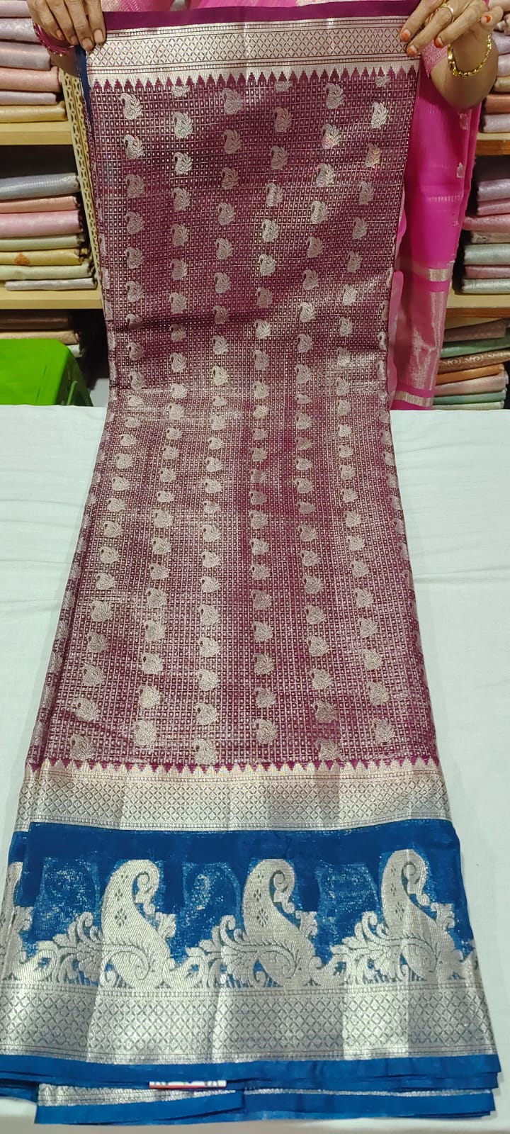 POP1038 Brown Banarasi silk saree online in contrast blue border