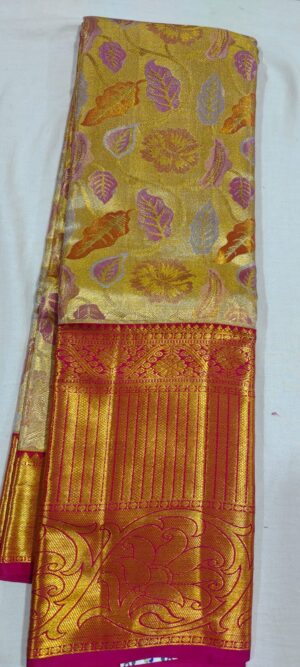 MM2008 Gold meenakari wedding silk saree online contrast pink border