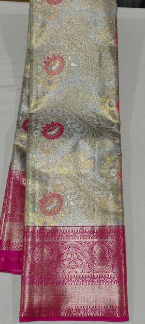 EE1026 Grey kanchipuram silk saree online at Hyderabad Bangalore contrast pink border