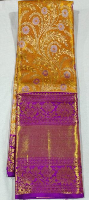 MM2019 Rust Orange kanchipuram wedding silk saree online at Hyderabad Bangalore contrast megenta border