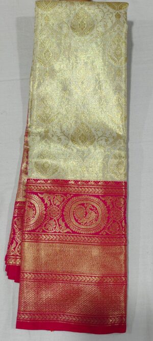 JJ1016 Half white kanchi pattu saree online at Hyderabad Bangalore contrast pink border