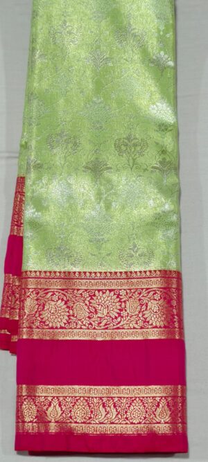 JJ1017 Pista green kanchi Pattu saree online at Hyderabad Bangalore contrast Reddish pink border