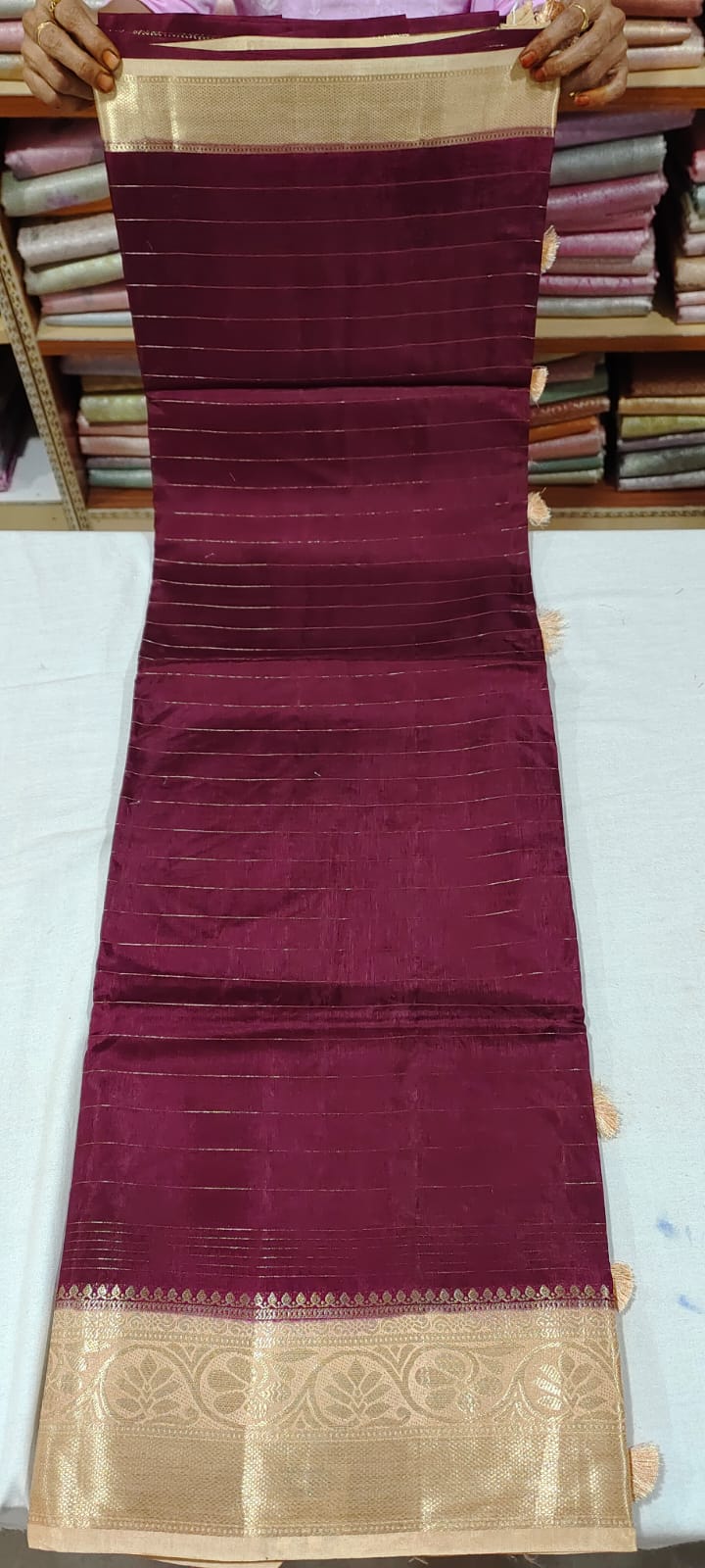 PP3016 Dark wine Banarasi silk saree online at Hyderabad Bangalore in contrast biscuit colour border