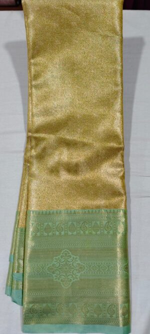 EE2008 Gold pattu saree online at Hyderabad Bangalore in contrast Rexona green border