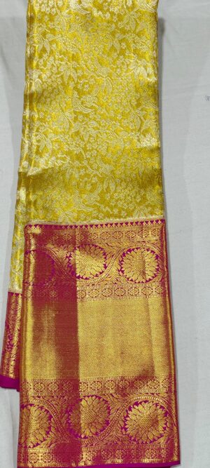 MM1022 Gold Kanchipuram wedding silk saree online at Hyderabad Bangalore contrast pink border