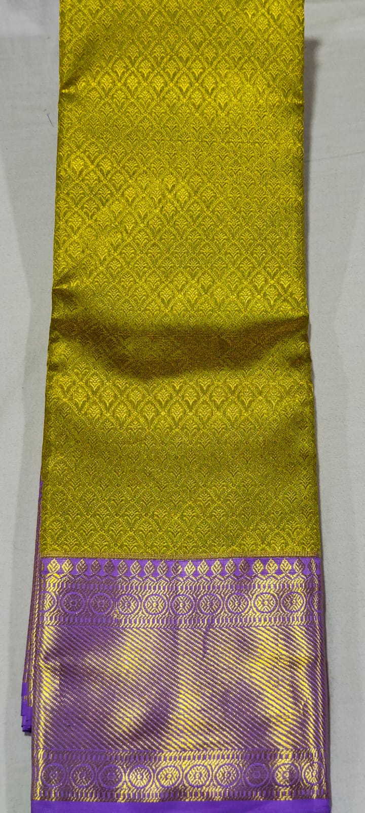 LL2007 Lemon yellow kanchipuram wedding silk saree online at Hyderabad Bangalore contrast Lavender border
