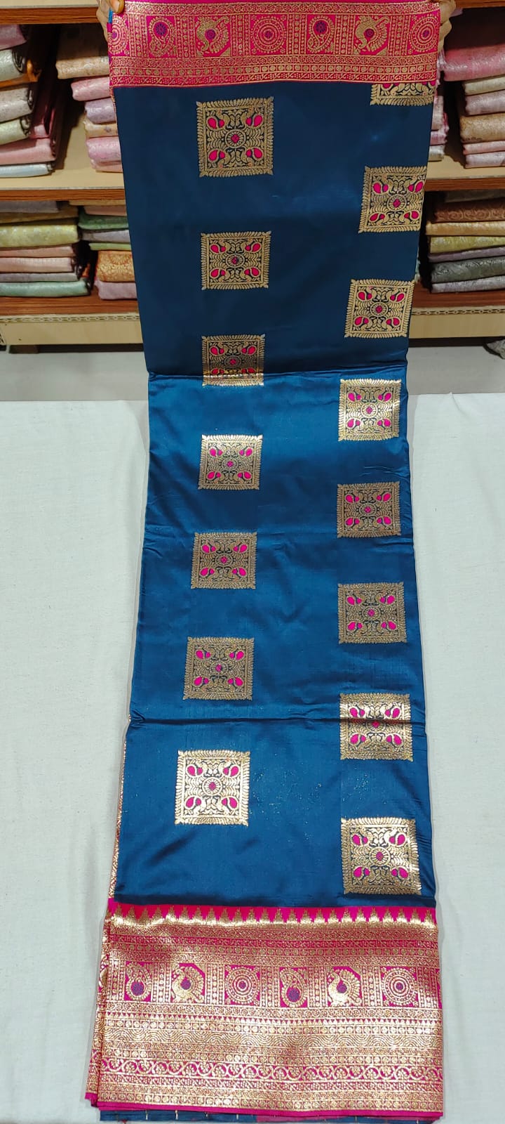 PP3021 blue banarasi silk saree online at Hyderabad Bangalore contrast pink border