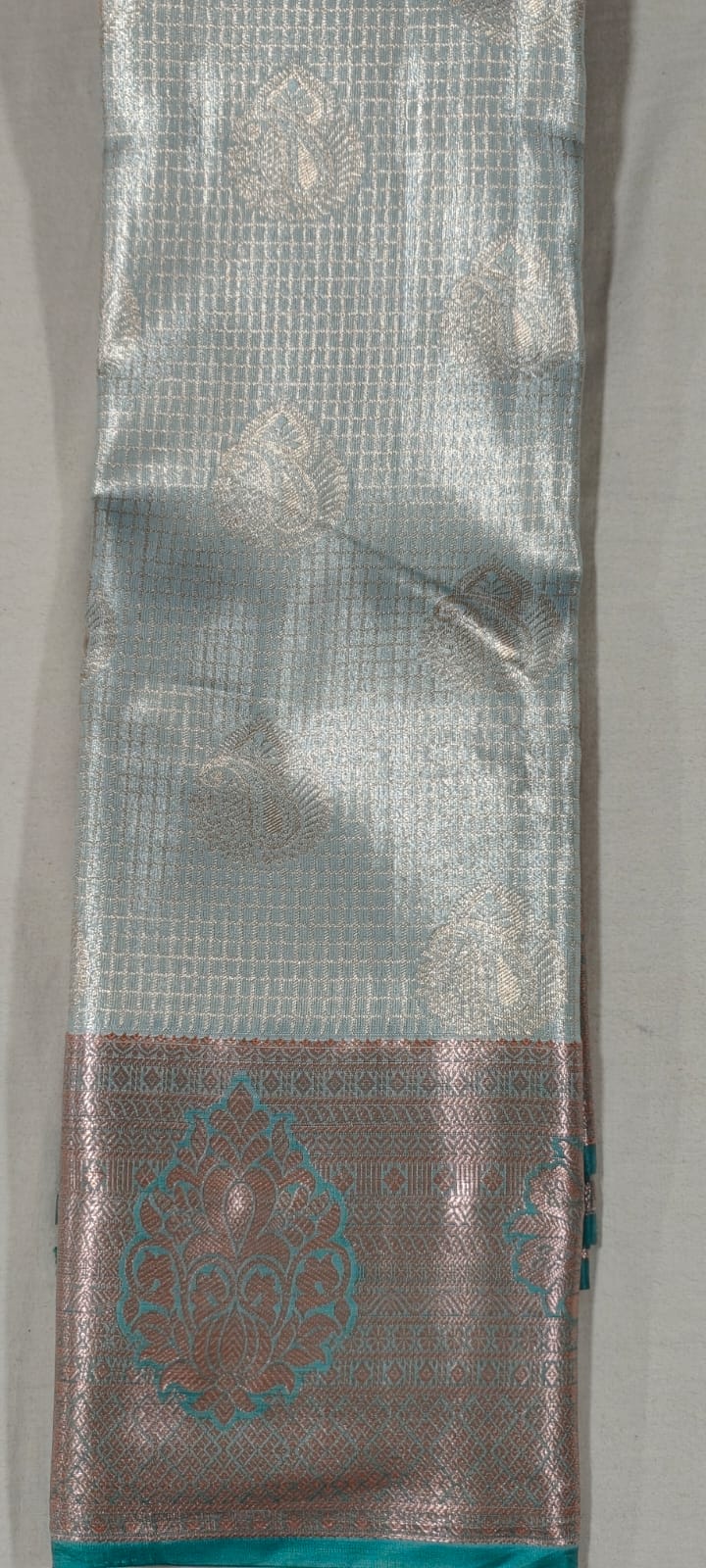 EE2016 Sea blue kanchi pattu saree online at Hyderabad Bangalore contrast rama green border