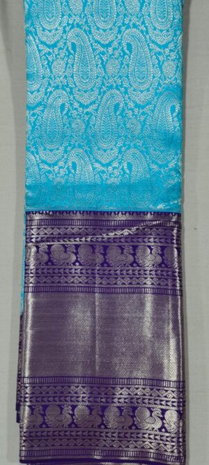 NN2014 Ananda blue kanchipuram wedding silk saree online at Hyderabad Bangalore contrast violet border