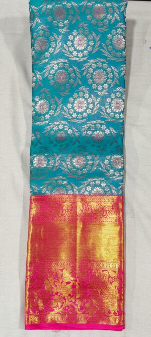 MN1015 Rama Blue kanchipuram wedding silk saree online at Hyderabad Bangalore contrast Pink border